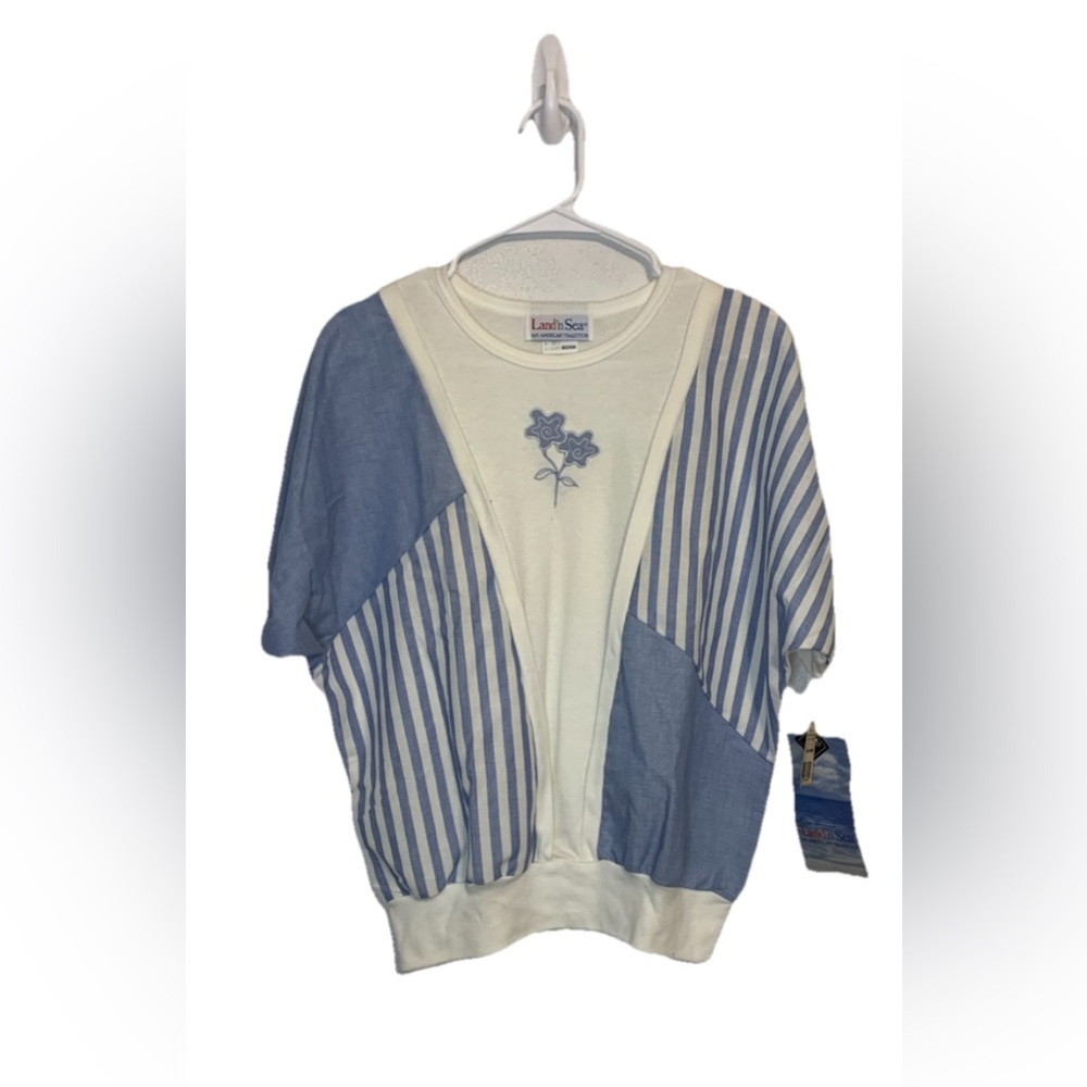 Vtg 80s Top Short Sleeve Striped Coastal Grandma Mixed Media Land n Sea